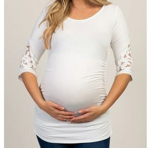 Crochet Sleeve Fitted Maternity Top Mocha